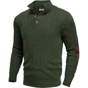 Men's Cable Knitted Pullover Sweaters Long Sleeve Stand Collar Button Up Green